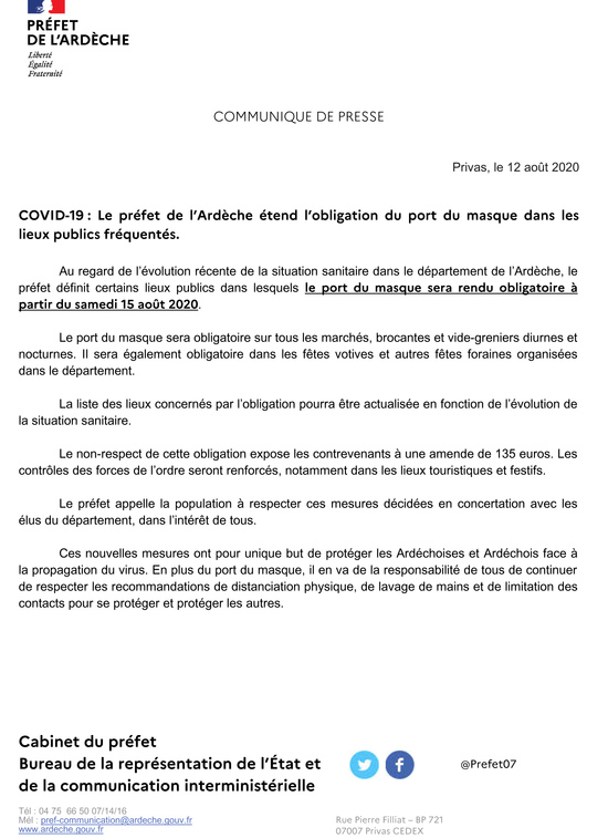 COVID-19: Obligation du port du masque dans certains lieux publics fréquentés à partir du samedi 15 août 2020 (pour les personnes de 11 ans et +)