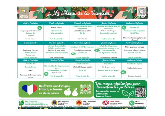 Menus des restaurants scolaires / Du 16 septembre au 4 octobre 2024