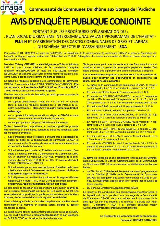 Avis d'enquête publique conjointe / PLUI-H et SDA